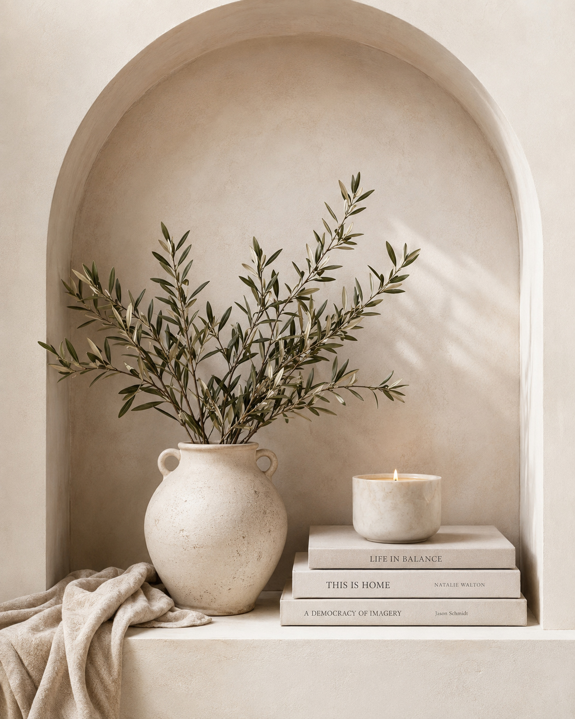 Calm still life with vase, candle, and books